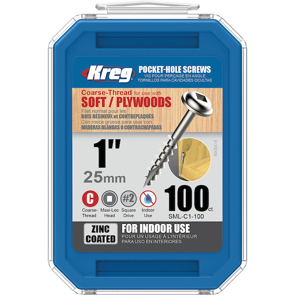 KREG® SML-C1-100-INT Zinc Pocket-Hole Screws - 25mm/1.00", #8 Coarse- Thread, Maxi-Loc, 100PCS