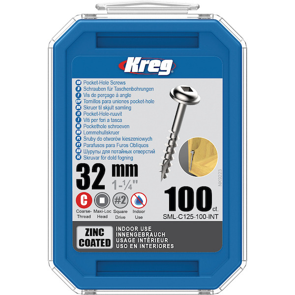 KREG® SML-C125-100-INT Zinc Pocket-Hole Screws - 32mm/1.25", #8 Coarse- Thread, Maxi-Loc, 100PCS