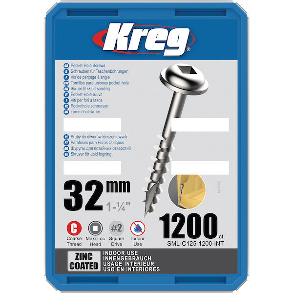 KREG® SML-C125-1200-INT Zinc Pocket-Hole Screws - 32mm/1.25", #8 Coarse- Thread, Maxi-Loc, 1200PCS
