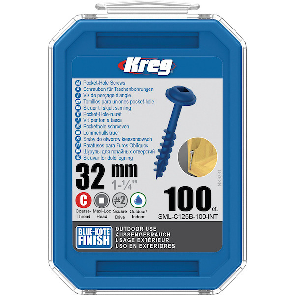 KREG® SML-C125B-100-INT Kreg Pocket-Hole Screws 32mm, Blue-Kote, Maxi-Loc, Coarse,Thread, 100 piece