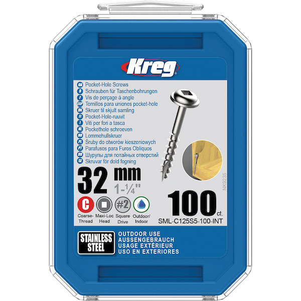 KREG® SML-C125S5-100-INT Pocket-Hole Screws 32, Stainless Steel, Maxi-Loc,Coarse Thread, 100 piece