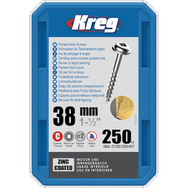 KREG® SML-C150-250-INT Zinc Pocket-Hole Screws - 38mm/1.50", #8 Coarse- Thread, Maxi-Loc, 250PCS