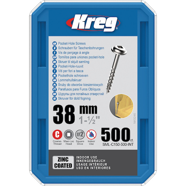 KREG® SML-C150-500-INT Zinc Pocket-Hole Screws - 38mm/1.50", #8 Coarse-Thread, Maxi-Loc, 500-count