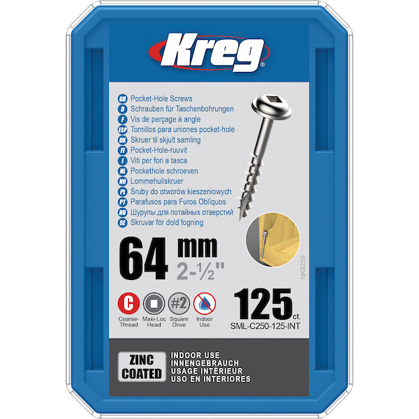 KREG® SML-C250-125-INT Zinc Pocket-Hole Screws - 64mm/2.50", #8 Coarse- Thread, Maxi-Loc, 125PCS
