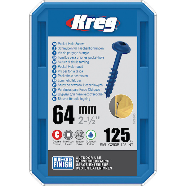 KREG® SML-C250B-125-INT Blue-Kote Pocket-Hole Screws - 64mm/2.50", #8 Coarse-Thread, Maxi-Loc, 125PCS