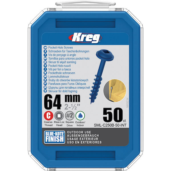 KREG® SML-C250B-50-INT Blue-Kote Pocket-Hole Screws - 64mm/2.50", #8 Coarse-Thread, Maxi-Loc, 50PCS
