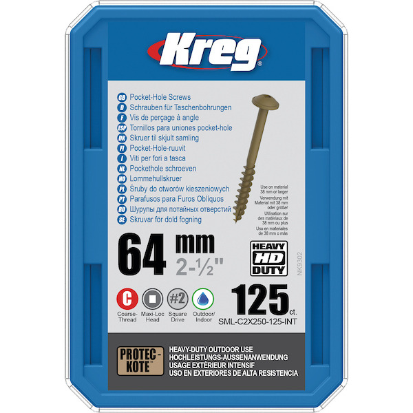 KREG® SML-C2X250-125-INT HD Protec-Kote Pocket-Hole Screws - 64mm/2.50", #14 Coarse-Thread, Maxi-Loc, 125-count