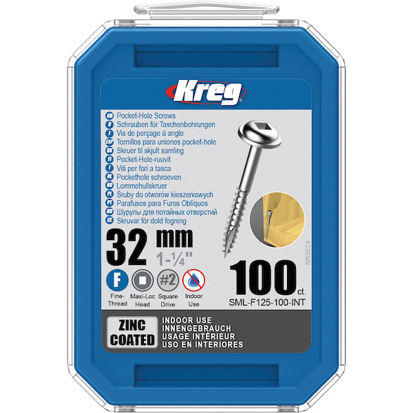 KREG® SML-F125-100-INT Zinc Pocket-Hole Screws - 32mm/1.25", #7 Fine- Thread, Maxi-Loc, 100PCS