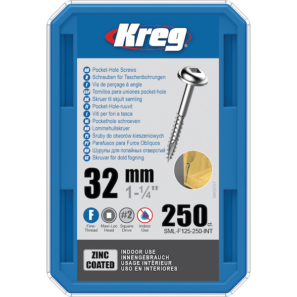 KREG® SML-F125-250-INT Zinc Pocket-Hole Screws - 32mm/1.25", #7 Fine- Thread, Maxi-Loc, 250PCS