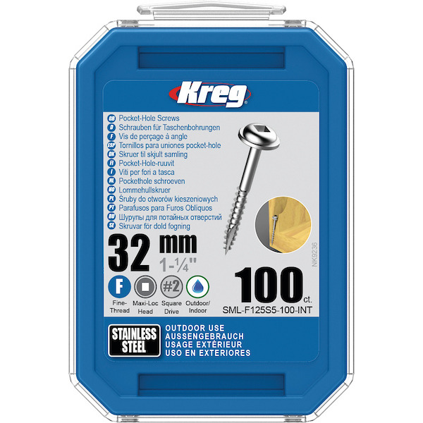KREG® SML-F125S5-100-INT Kreg Pocket-Hole Screws 32 mm, Stainless Steel, Maxi-Loc,Fine Thread, 100 piece