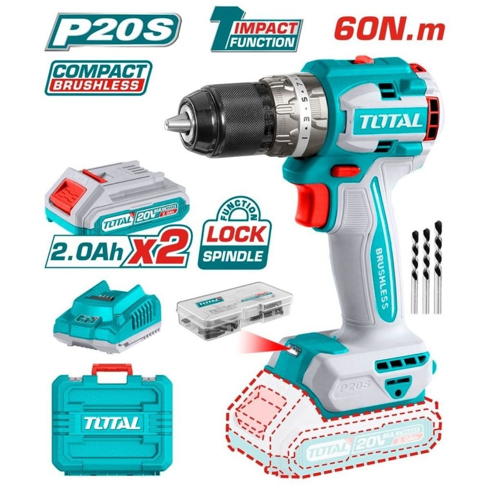 TOTAL PERCUSSIVE DRILL DRIVER BATTERY BRUSHLESS 20V 2X2AH