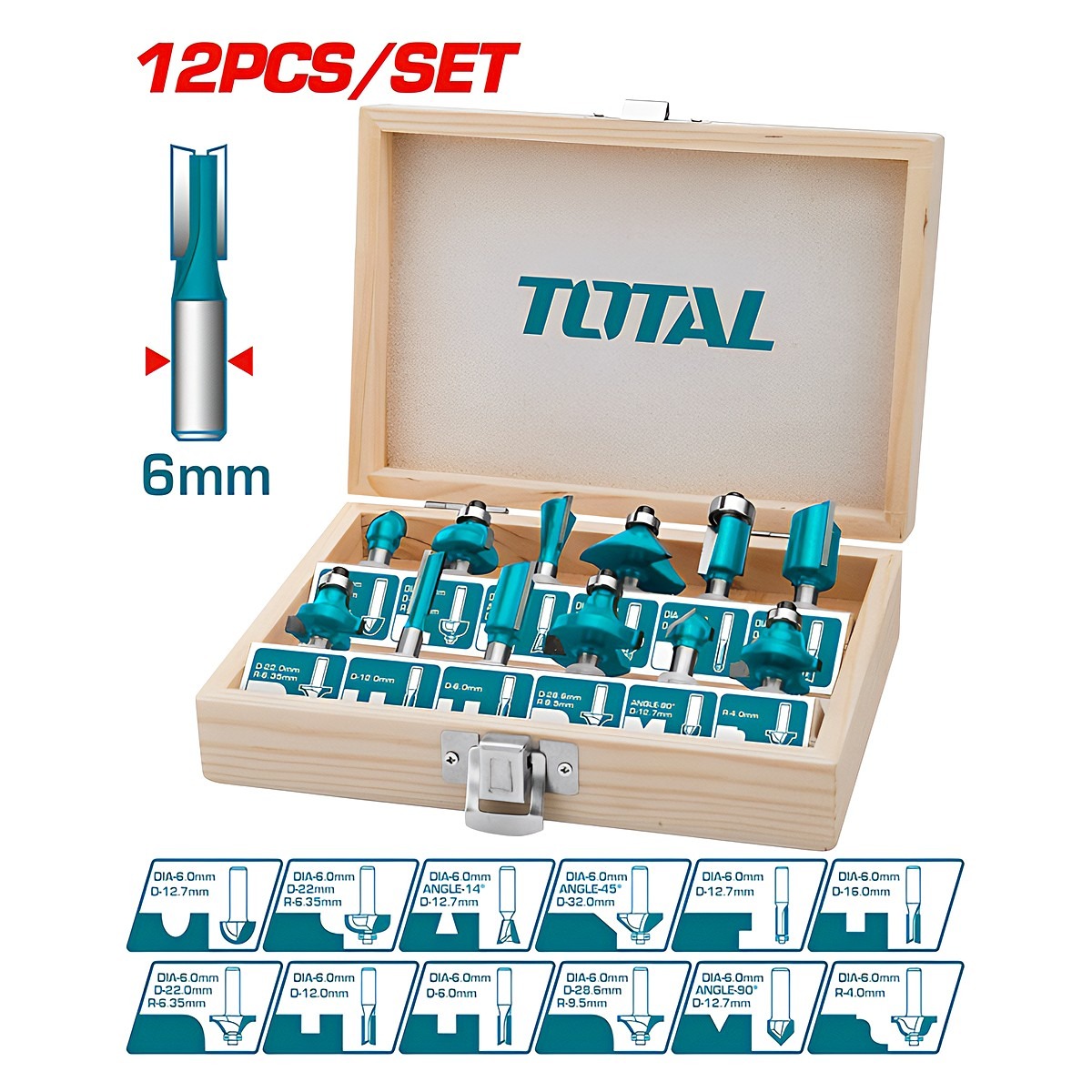TOTAL 12PCS ROUTER BITS SET 6MM- TACSR0121