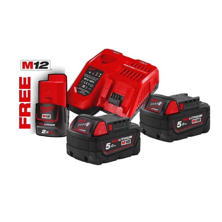 MILWAUKEE 4933459217 M18NRG-502 BATTERY KIT 2 X 18V 5.0Ah + 1 X M12B2 Li-ion & CHARGER