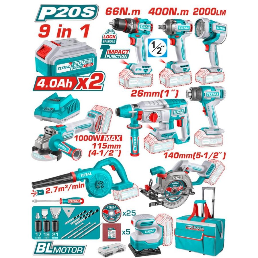 TOTAL 9 Pcs cordless industrial combo kit