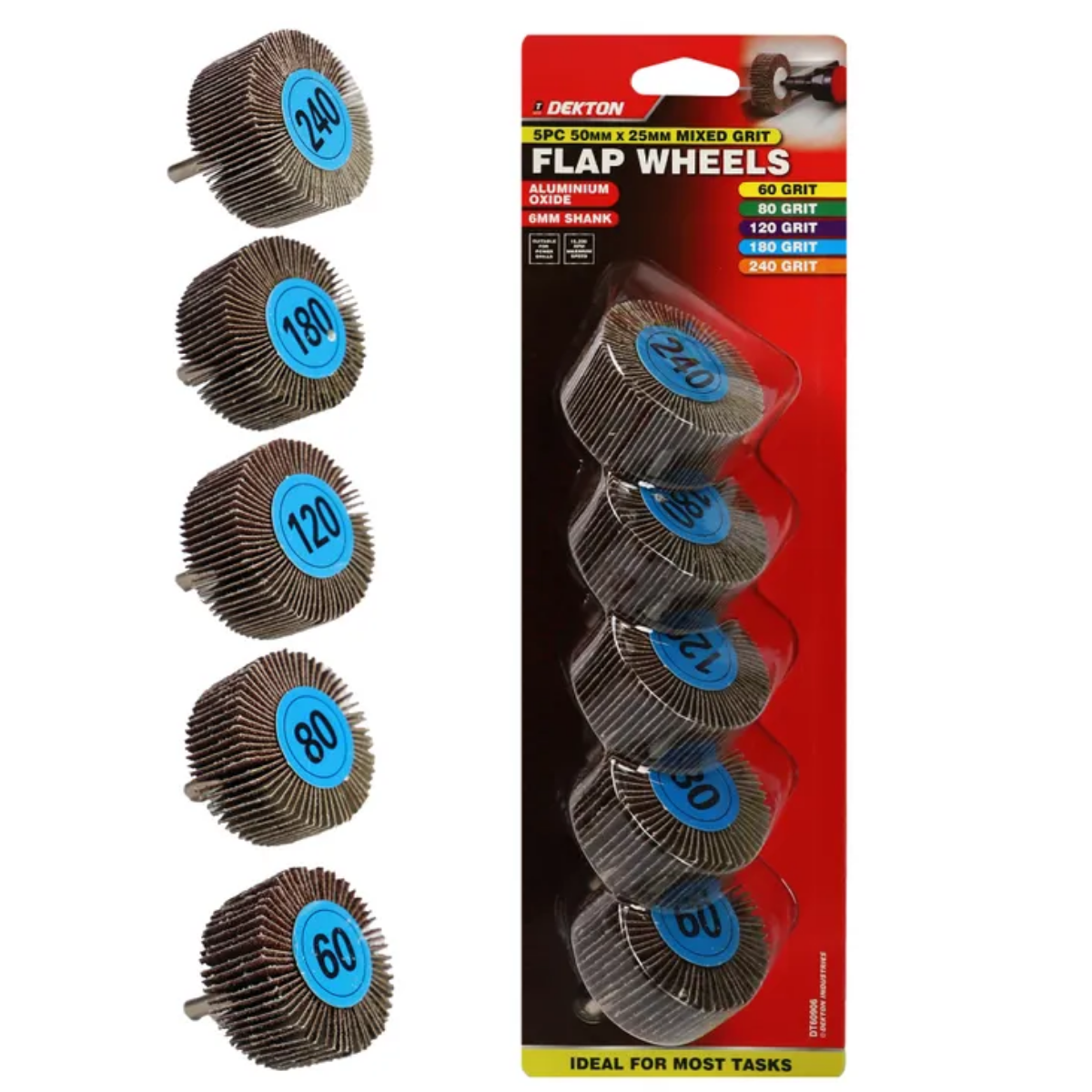 DEKTON 5PC MIXED GRIT 50 X 25MM FLAP WHEELS 60-80-120-180-240