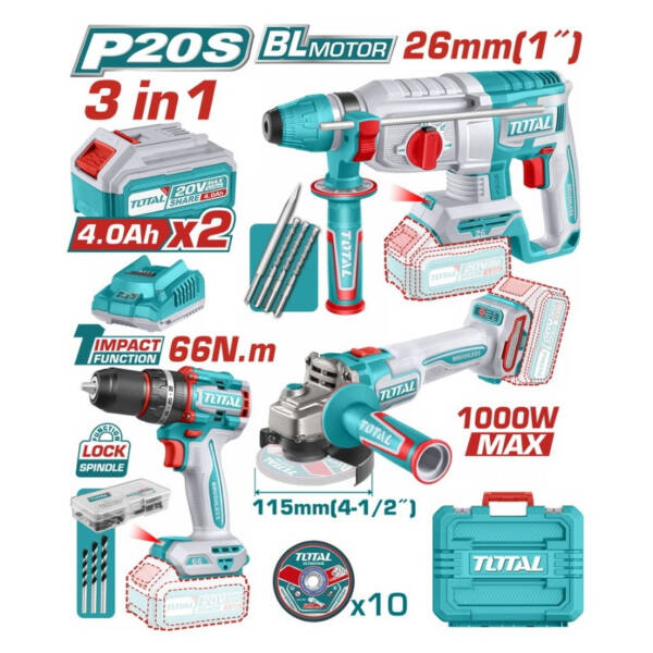 TOTAL Set Angle Wheel & Impact Drill Driver & Hammer Brushless 20V with 2 Batteries 4Ah and Case