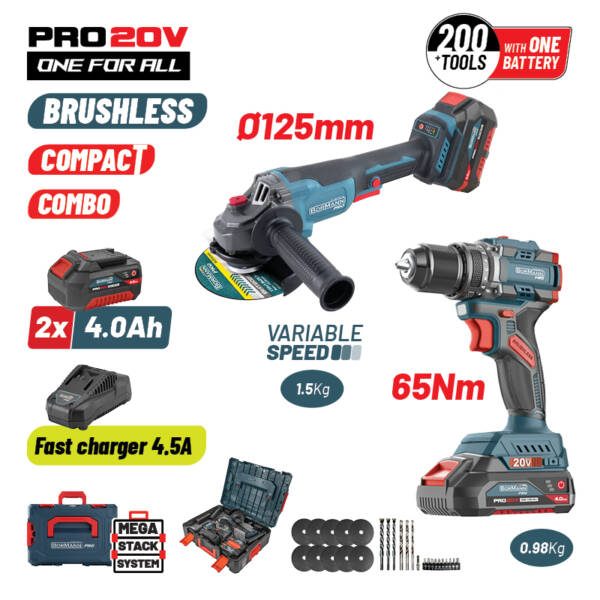 BORMANN PRO BBP5433X44T2CA SET COMPACT CORDLESS IMPACT DRILL,BRUSHLESS & ANGLE GRINDER