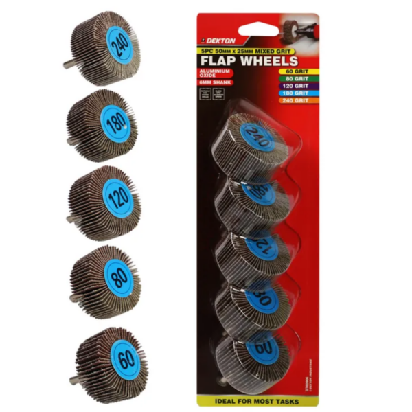 DEKTON 5PC MIXED GRIT 50 X 25MM FLAP WHEELS 60-80-120-180-240